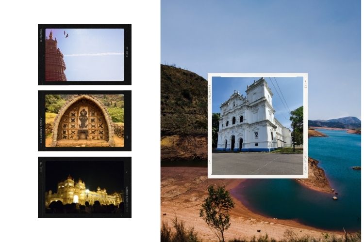 a photo collage of Ooty, Shringeri, Mysore and Goa that speaks to culture